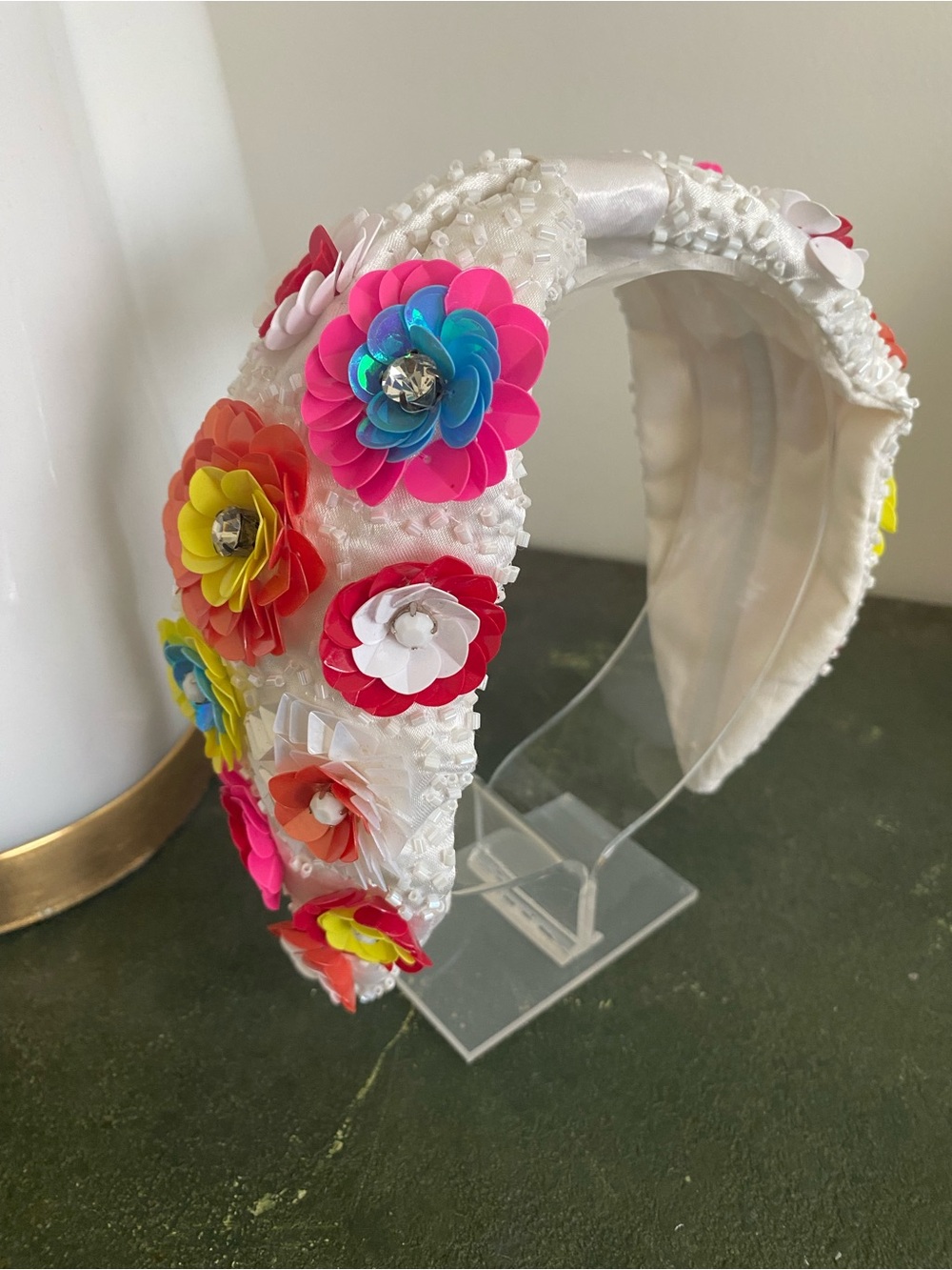 Sequin 3D Floral Appliqué Luxe Headband White Bright Multicolor